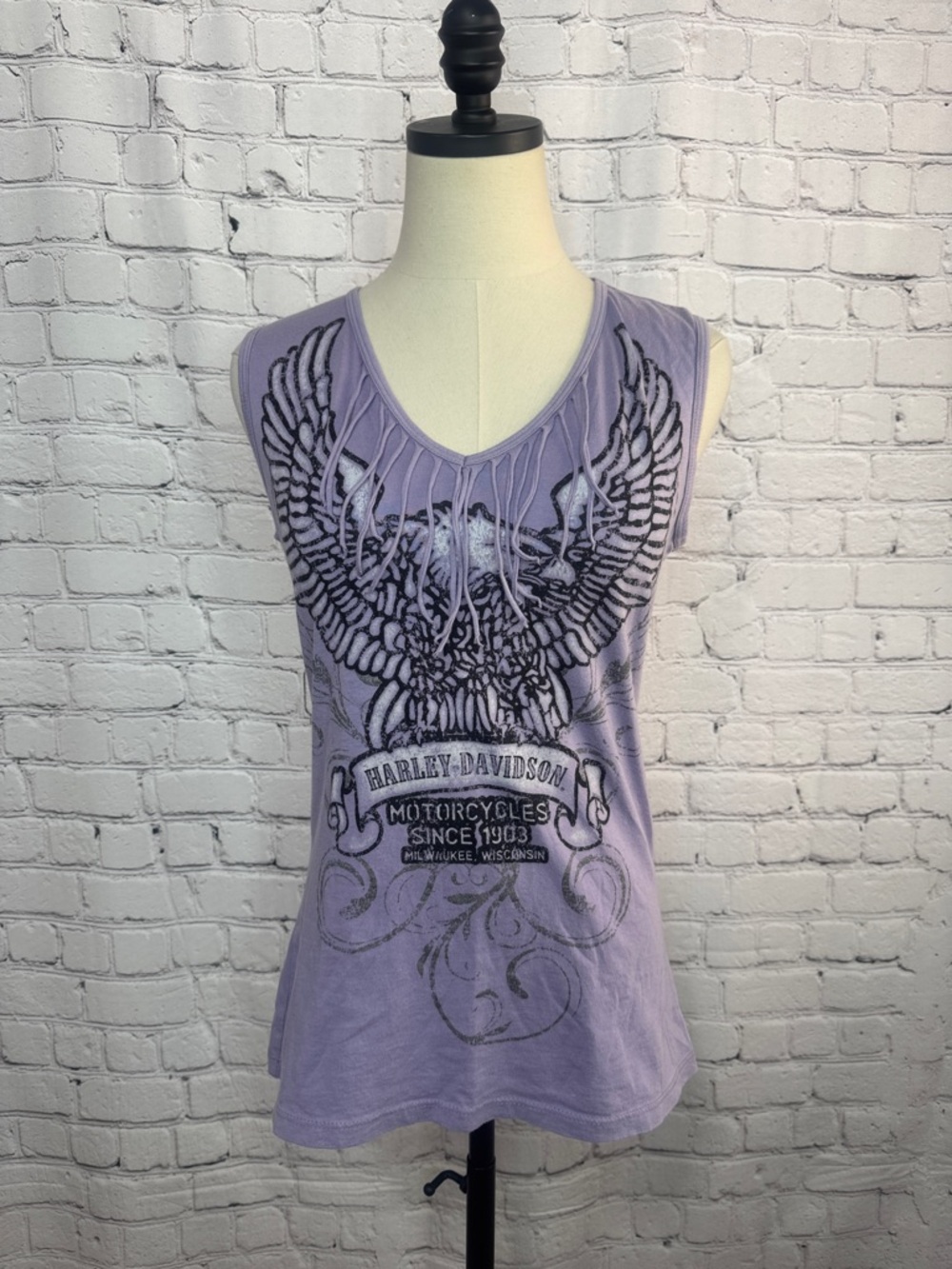 Harley-Davidson Lavender Sleeveless Fringe V‑Neck Tank with Eagle Graphic size L